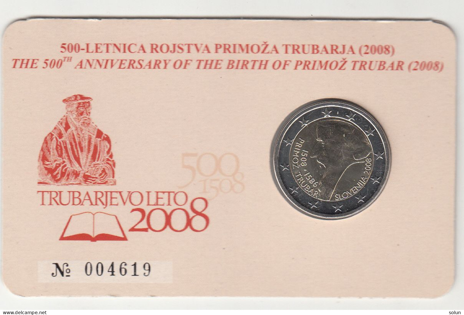 SLOVENIJA 500 LETNICA ROJSTVA PRIMOŽ TRUBAR TRUBARJEVO LETO  2008  COIN CARD 2 EUR - Slovénie