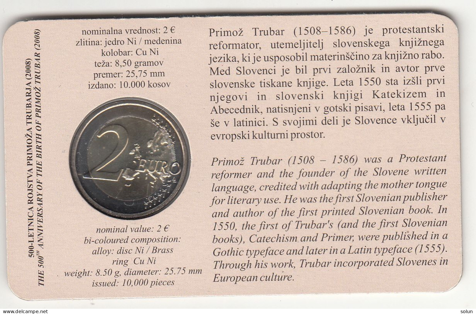 SLOVENIJA 500 LETNICA ROJSTVA PRIMOŽ TRUBAR TRUBARJEVO LETO  2008  COIN CARD 2 EUR - Eslovenia