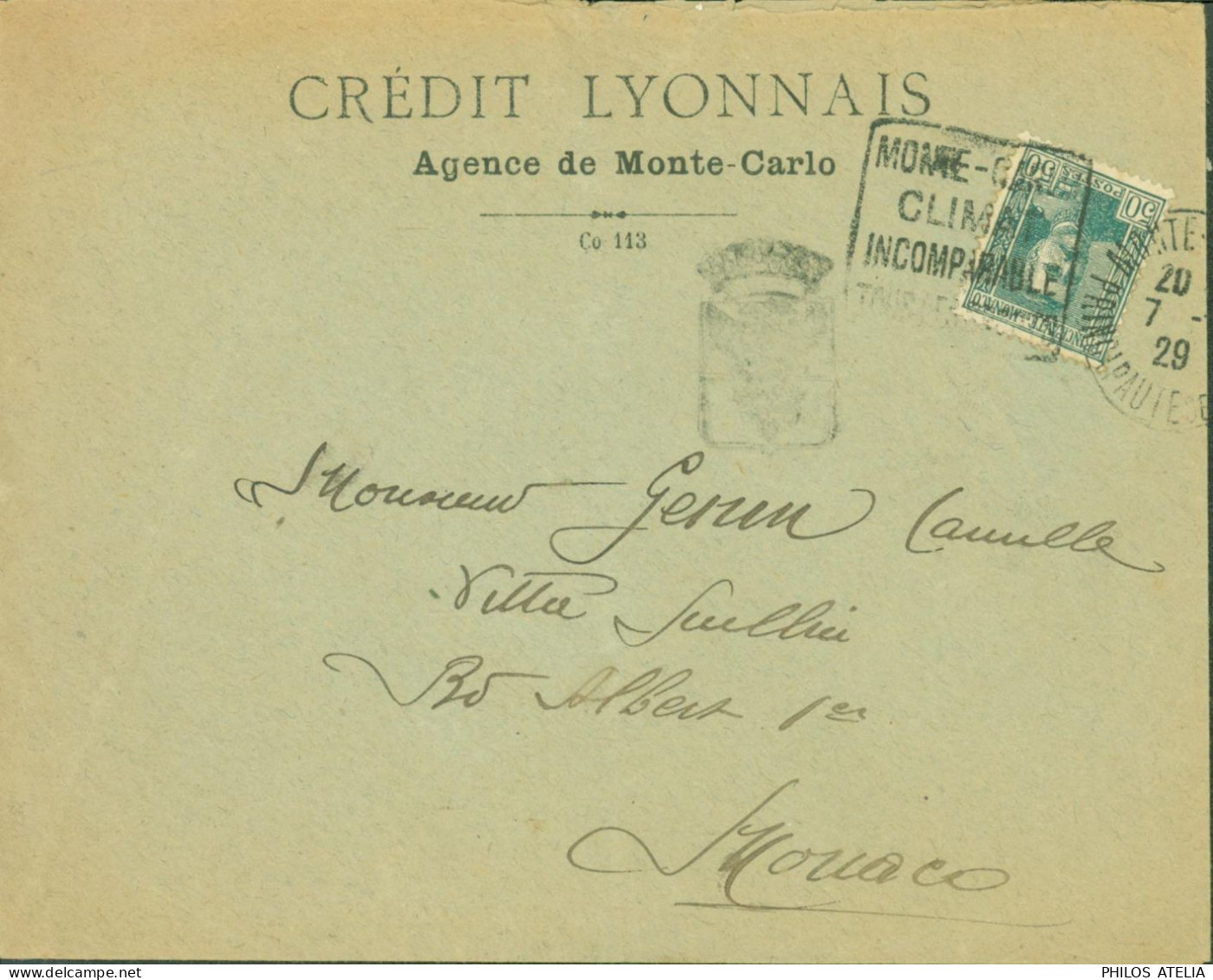 E,veloppe Crédit Lyonnais Agence De Monté Carlo YT N°86 Prince Louis II 50c Vert Gris Oblit Daguin Monté Carlo CAD 1929 - Cartas & Documentos