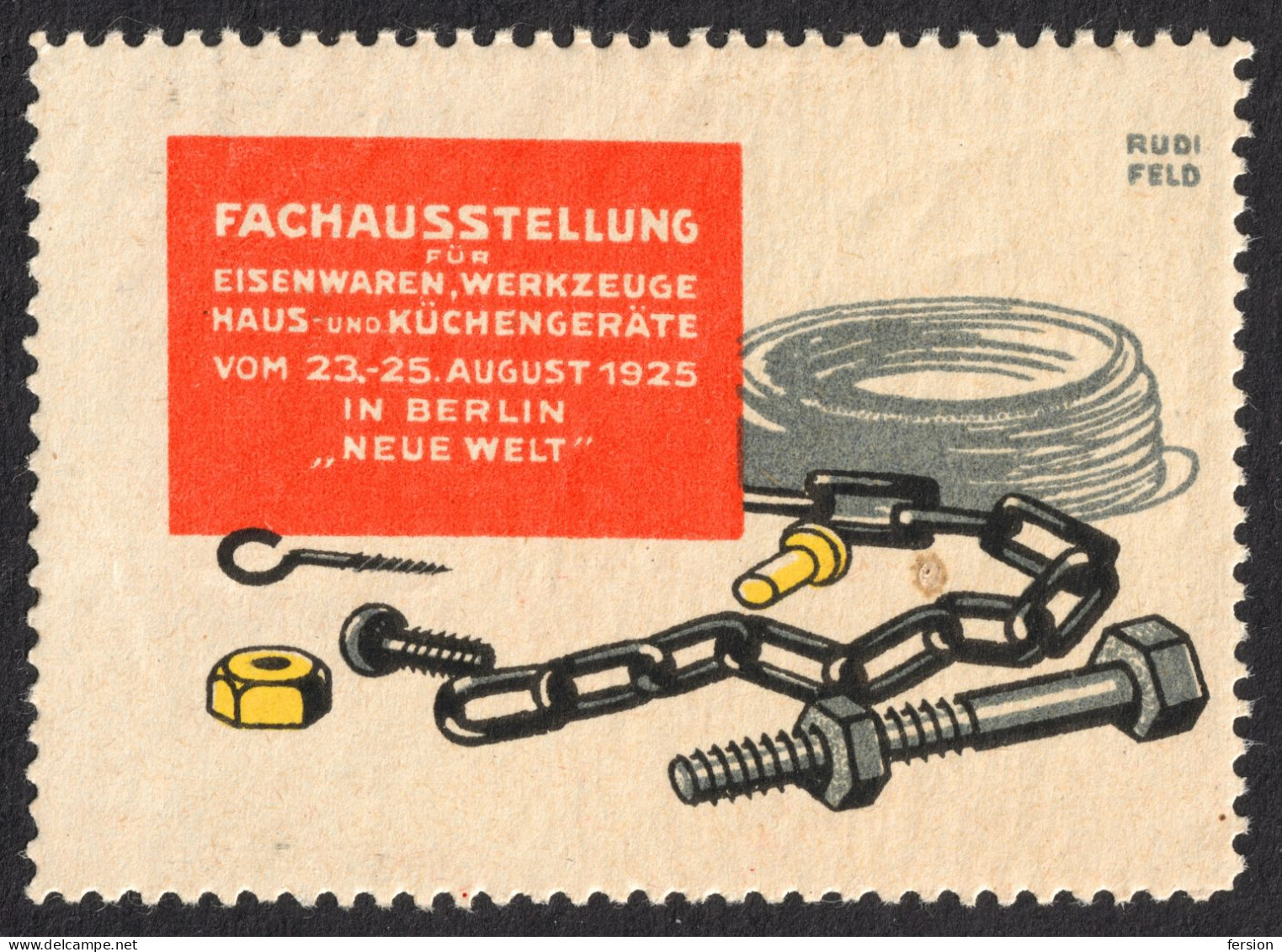 Wire Screw Nail Chain Iron Tools Kitchen Appliances EXHIBITION 1925 Berlin LABEL CINDERELLA VIGNETTE Germany  INDUSTRY - Usines & Industries