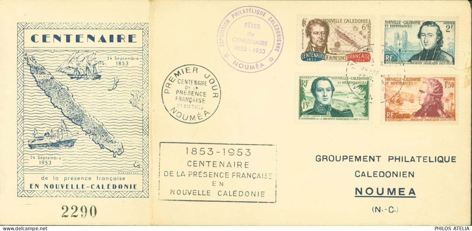 Centenaire Présence Française En Nouvelle Calédonie CAD Premier Jour 24 SEPT 1953 YT 280 à 283 Cachet Expo Philatélique - Briefe U. Dokumente