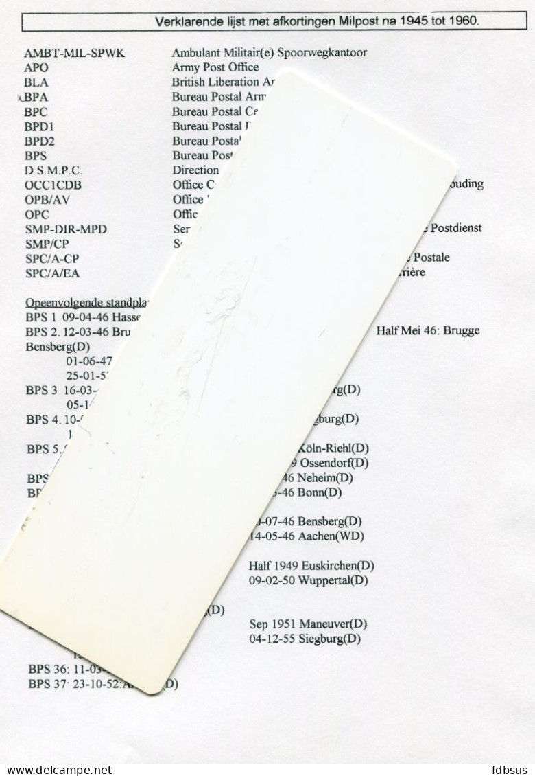 8 BLADEN MET VERKLARENDE LIJSTEN MET AFKORTINGEN MILITAIRE POST VANAF  1945 - Militärpost & Postgeschichte