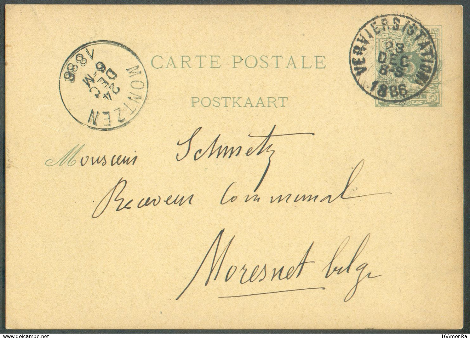 CANTONS De L'EST - E.P. Carte 5c.obl. Sc VERVIERS (STATION) 23 Décembre 1886 (AUBEL) Vers MORESNET Belge Via MONTZEN - - Cartes Postales 1871-1909