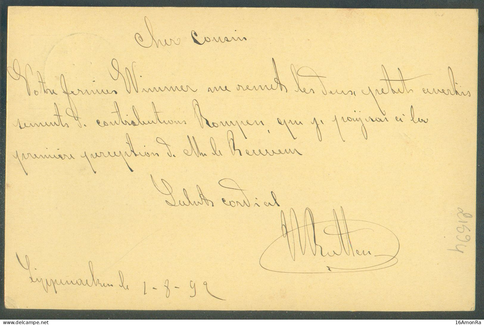 CANTONS De L'EST - E.P. Carte 5c.obl. Sc MONTZEN 2 Août 1892 (daté SIPPENAEKEN) Vers Moresnet Belge -  21594 - Cartes Postales 1871-1909
