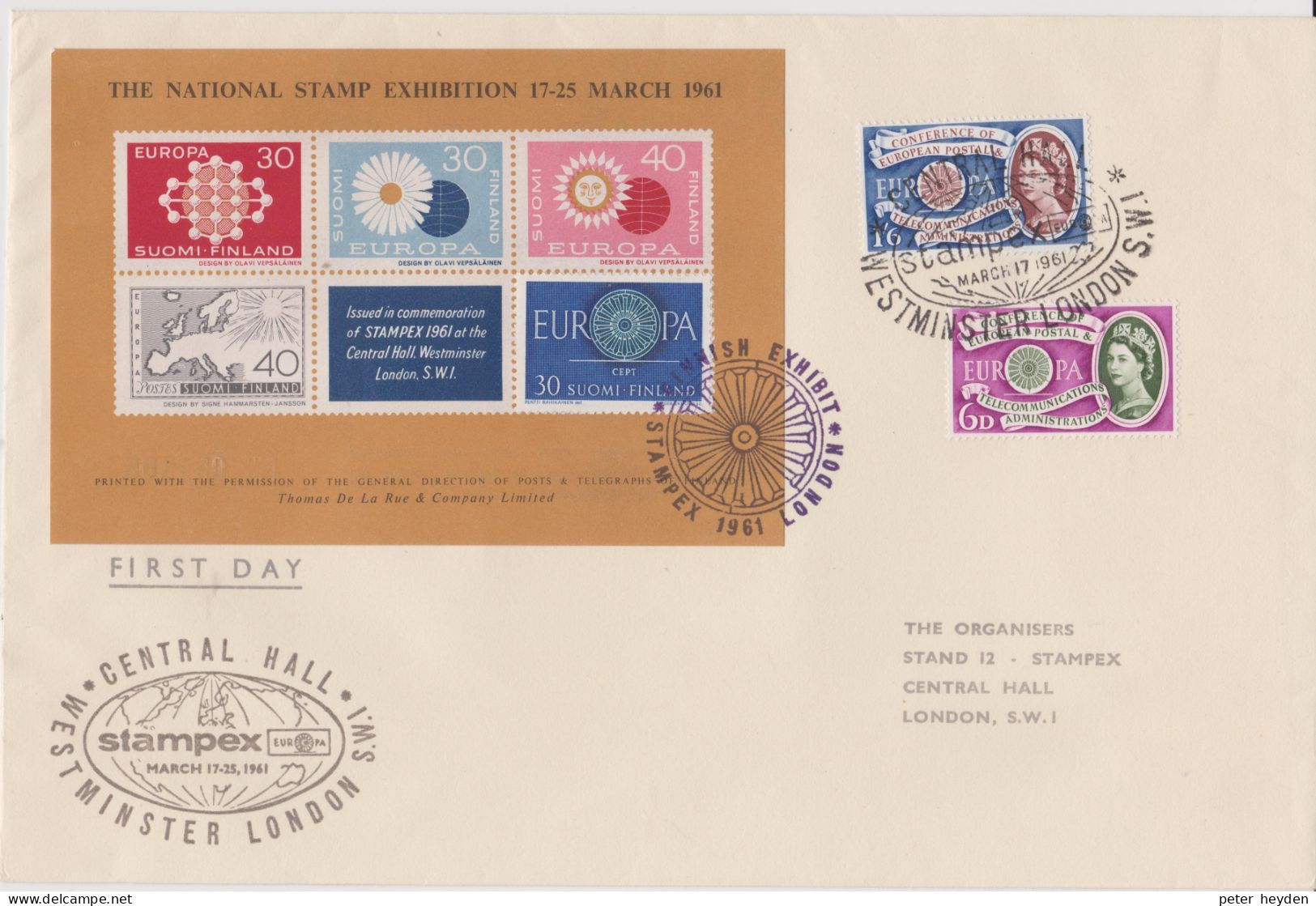 Finland CEPT 1960 On Stamp Exhibition Souvenir Sheet On Cover With UK 1960 Cept Stamps And Stampex Cancel - Lettres & Documents