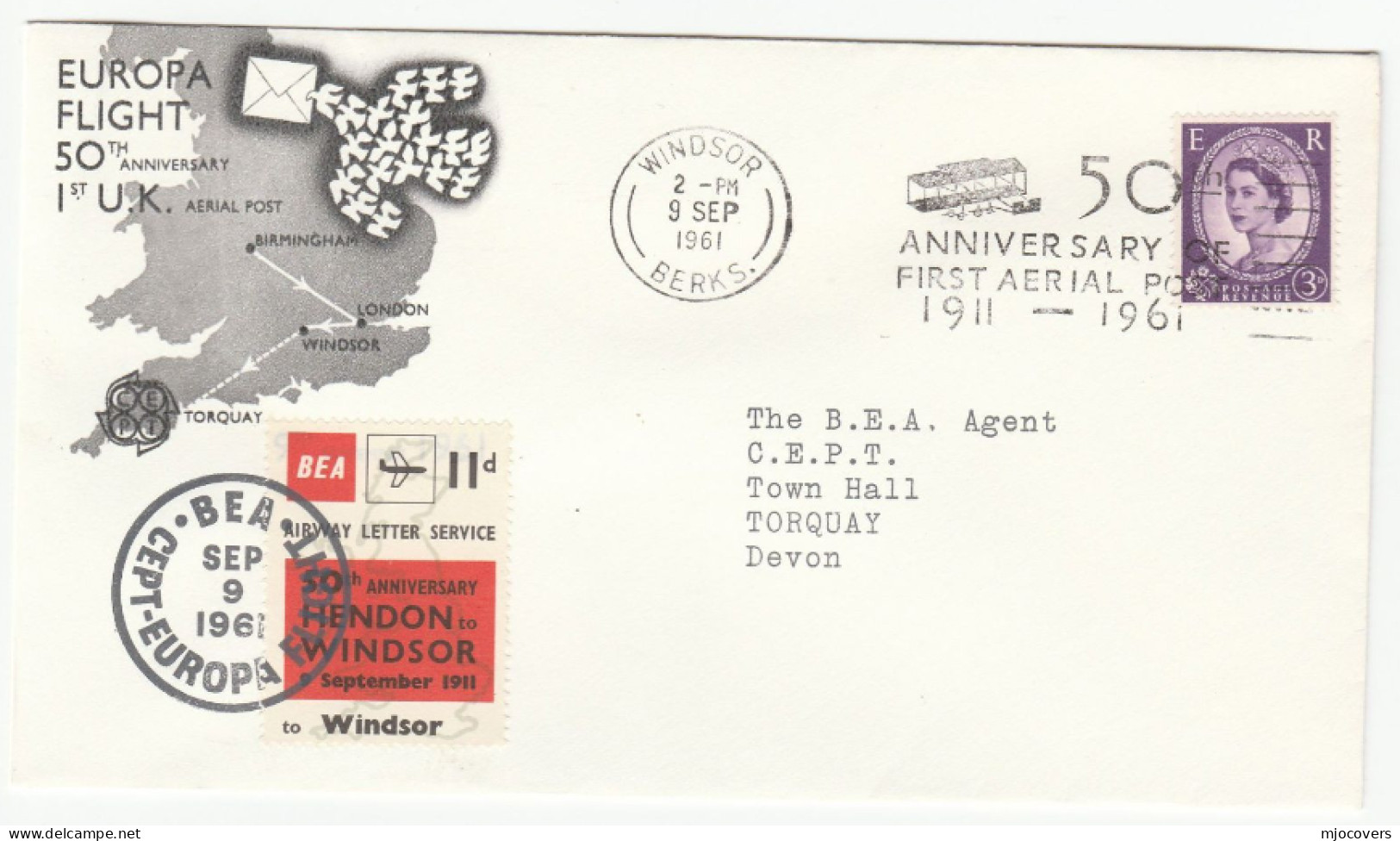 1961 BEA  AIRWAY  LETTER SERVICE  Flight Cover Aviation GB Stamps British European Airways Windsor  Europa Slogan - 1961