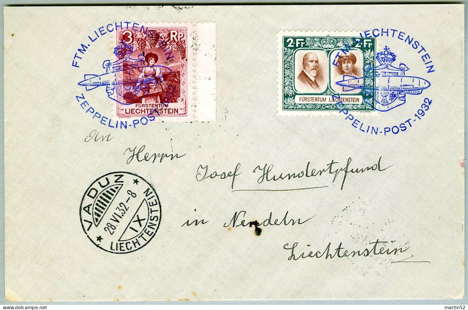 Liechtenstein 1932: FTM.LIECHTENSTEIN ZEPPELIN-POST Zu 84A+97B Mi+Yv 94A+107B Mit O VADUZ 28.VI.32 (Zu CHF 142 >> 275) - Aéreo
