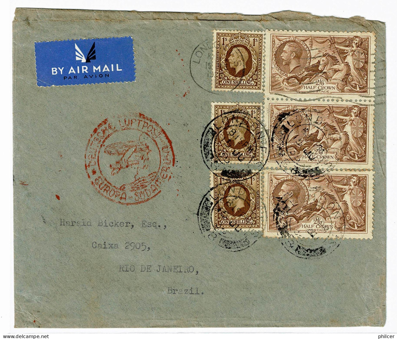 Great Britain, 1938, # SG 395, 399, London- Rio De Janeiro - Cartas & Documentos