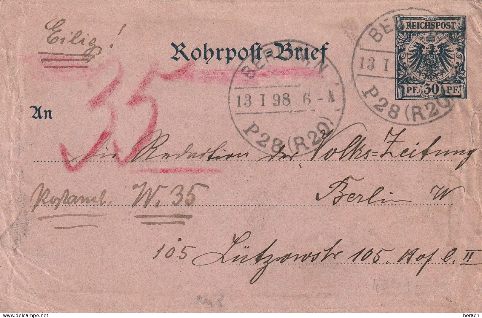 Allemagne Entier Postal Pneumatique Berlin 1896 - Covers