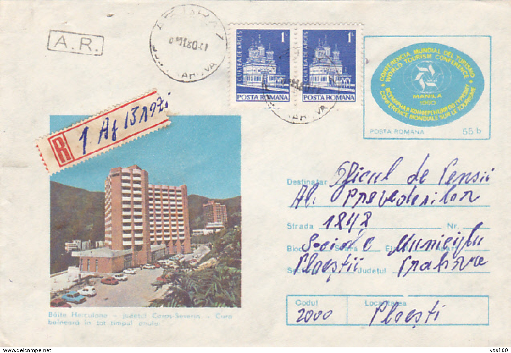 BAILE HERCULANE- HEALTH RESORT, HOTELS, CARS, REGISTERED COVER STATIONERY, ENTIER POSTAL, 1980, ROMANIA - Hôtellerie - Horeca