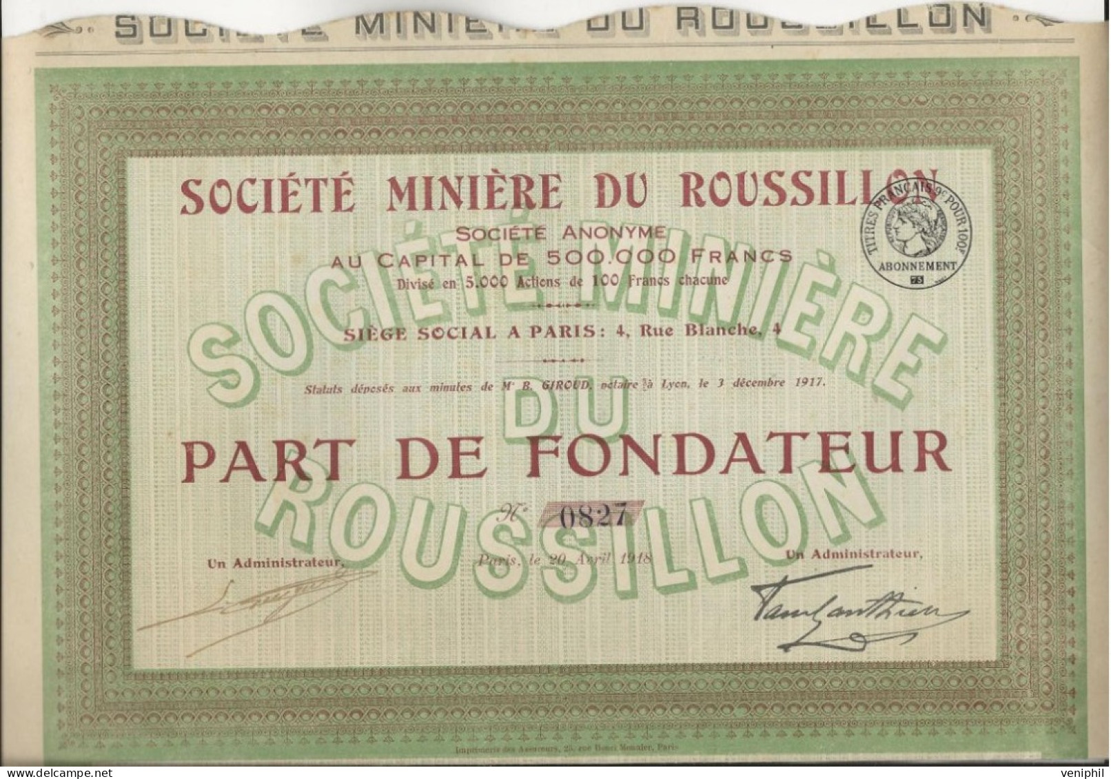 SOCIETE MINIERE DU ROUSSILLON - PART DE FONDATEUR  - ANNEE 1918 - Miniere