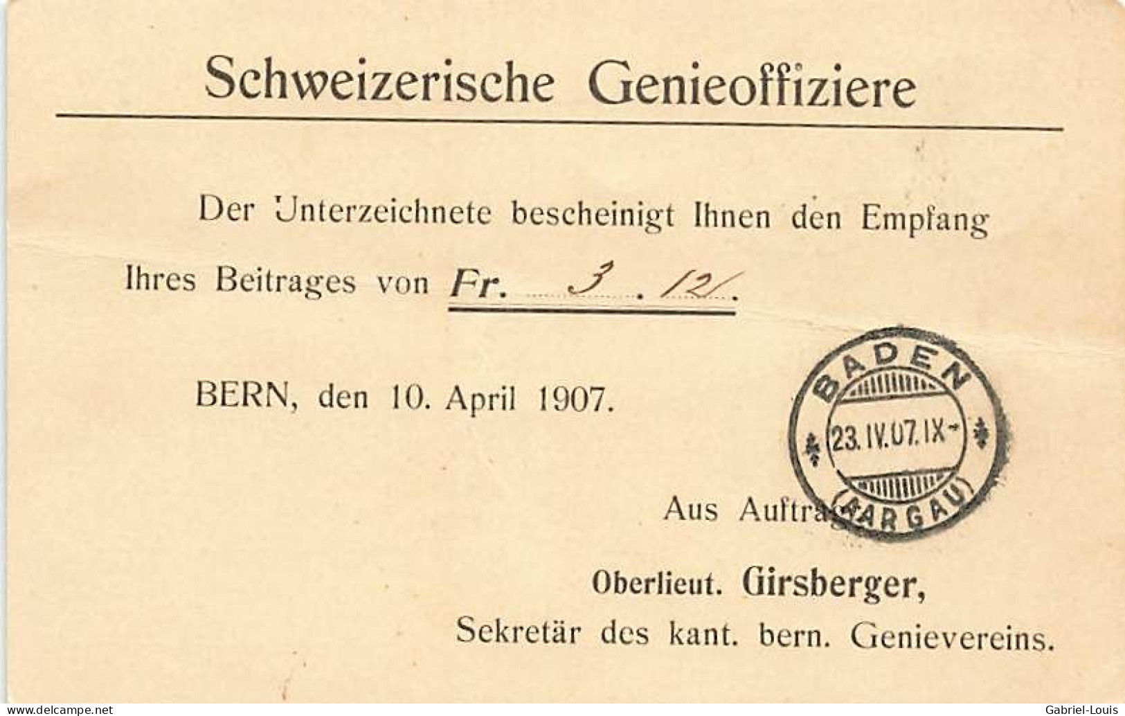 Armée Suisse Militaria - Schweizer Armee  Schweizerische Genieoffiziere 1907  Baden - Baden