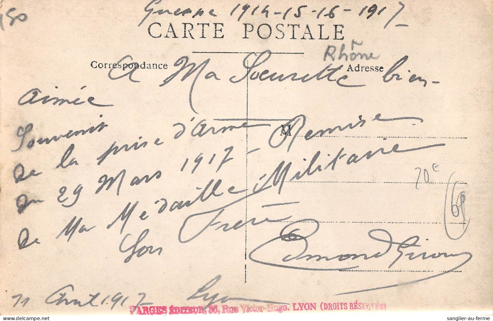 CPA 69 LYON / CARTE PHOTO GUERRE 1914 / SOUVENIR DE LA PRISE D'ARME 29 MARS 1917 MEDAILLE MILITAIRE - Other & Unclassified