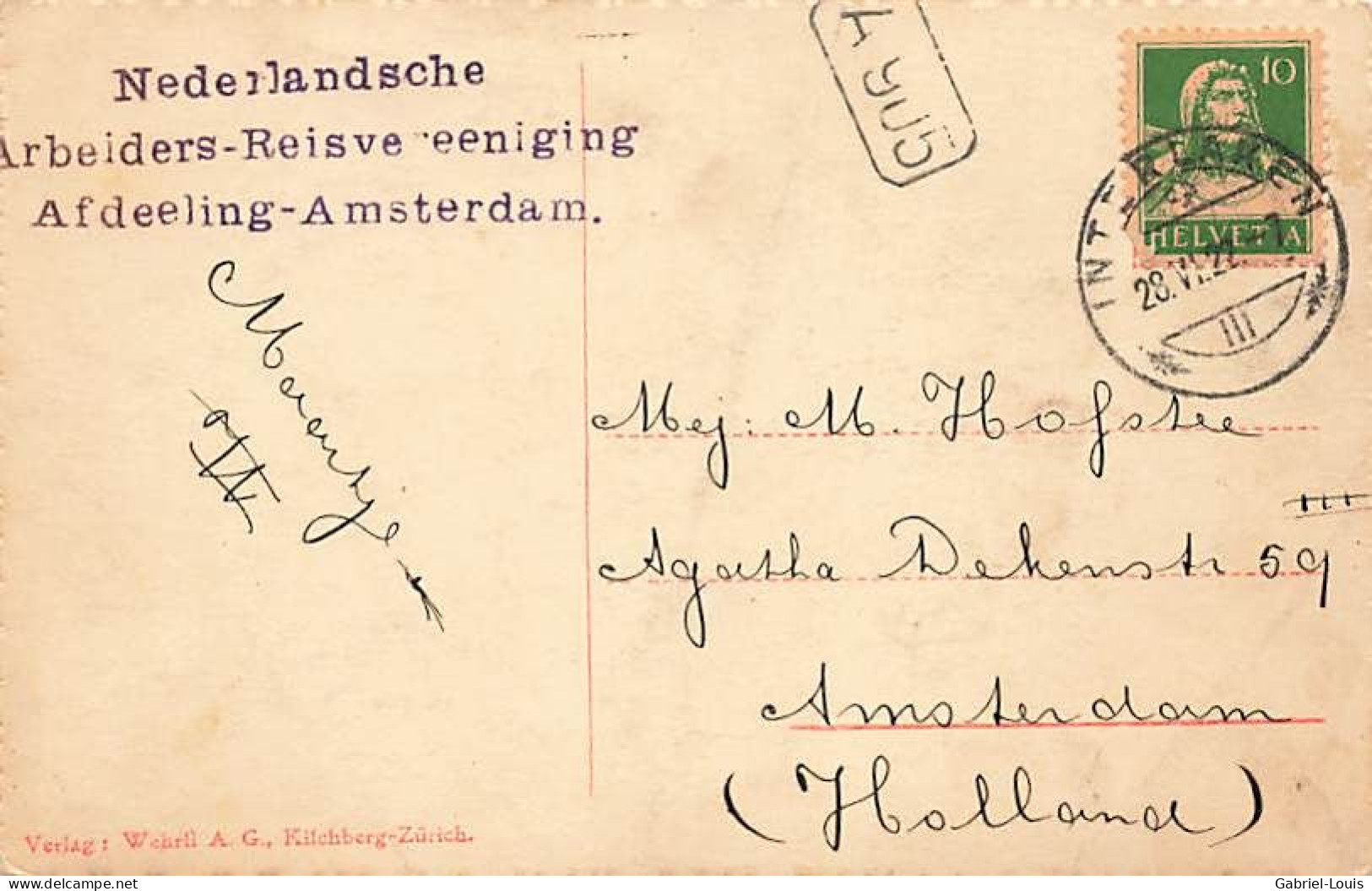 Interlaken Jungfrau 1922 Cachet Nederlandsche Arbeiders-Reisvereeiging Afdeeling Amsterdam Holland - Interlaken