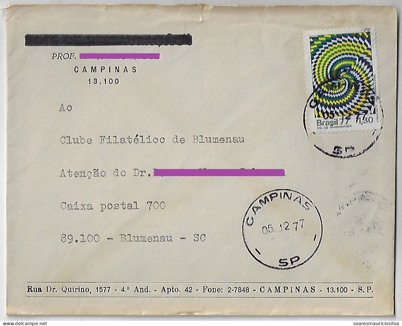 Brazil 1977 Cover Sent From Campinas To Blumenau Stamp Amateur Radio Day - Cartas & Documentos