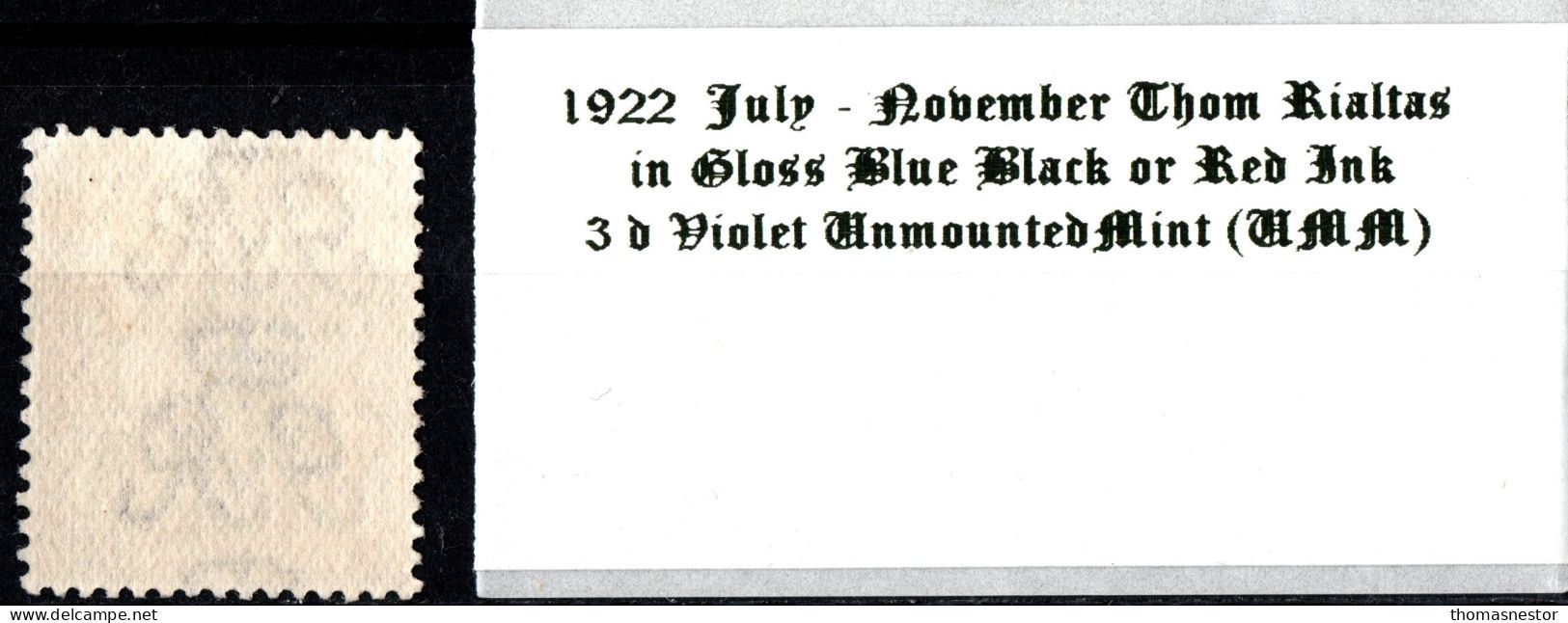 1922 July-November Thom Rialtas 5 Line Overprint In Shiny Blue Black Or Red Ink 3 D Violet Unmounted Mint (UMM) - Neufs