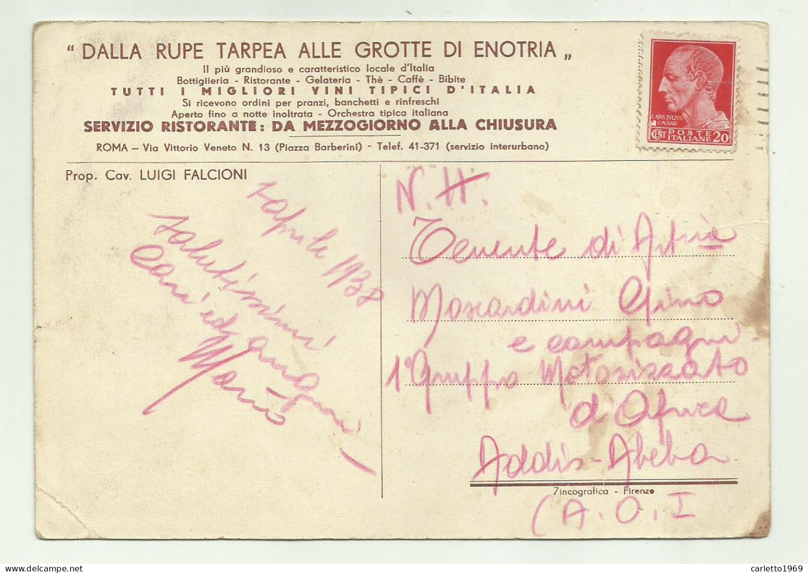 DALLA RUPE TARPEA ALLE GROTTE DI ENOTRIA 1938 - VIAGGIATA FG - Cafés, Hôtels & Restaurants