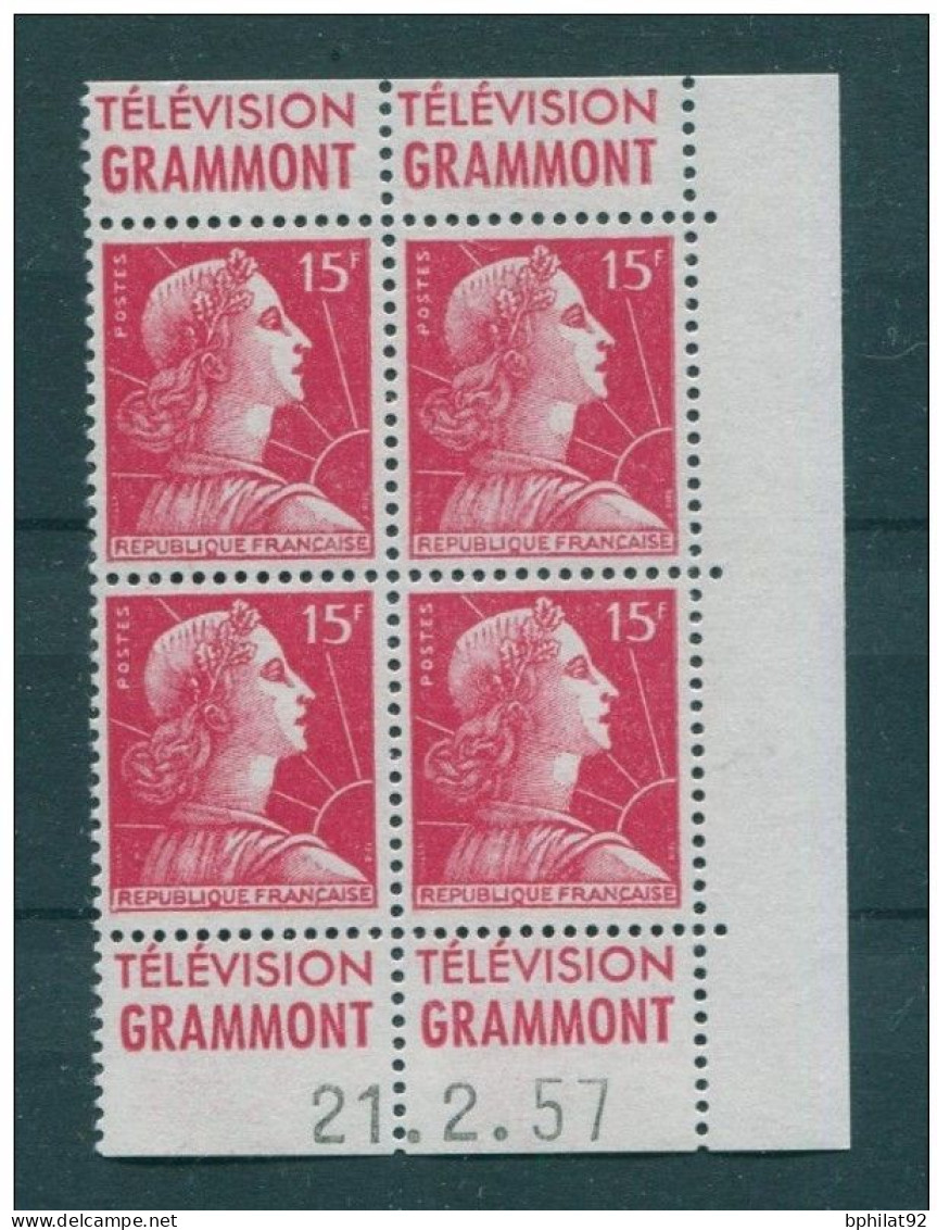 !!! 15 F MARIANNE DE MULLER BLOC DE 4 AVEC PUBS TELEVISION GRAMMONT ET COIN DATE NEUF ** - 1950-1959