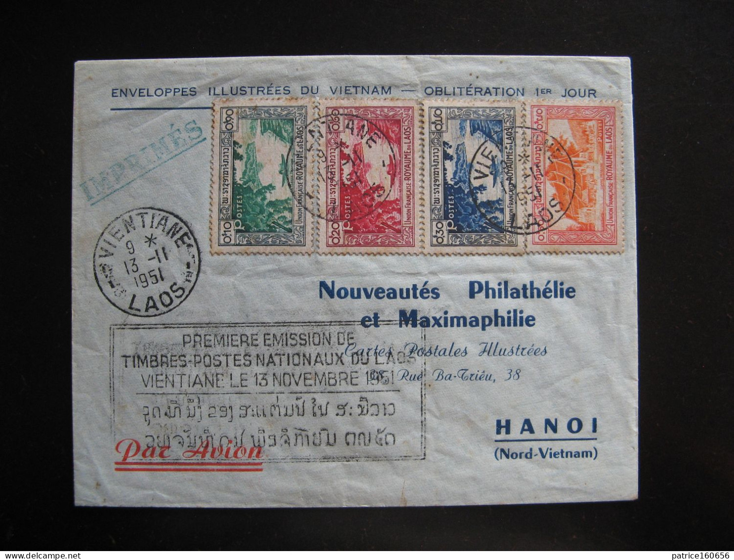 COL31. Laos - TB Enveloppe Timbrée Avec Les N° 1, 2, 3 Et 5 : Oblitération 1° Jour De Vientane Pour Hanoï Le 13/11/1951. - Laos