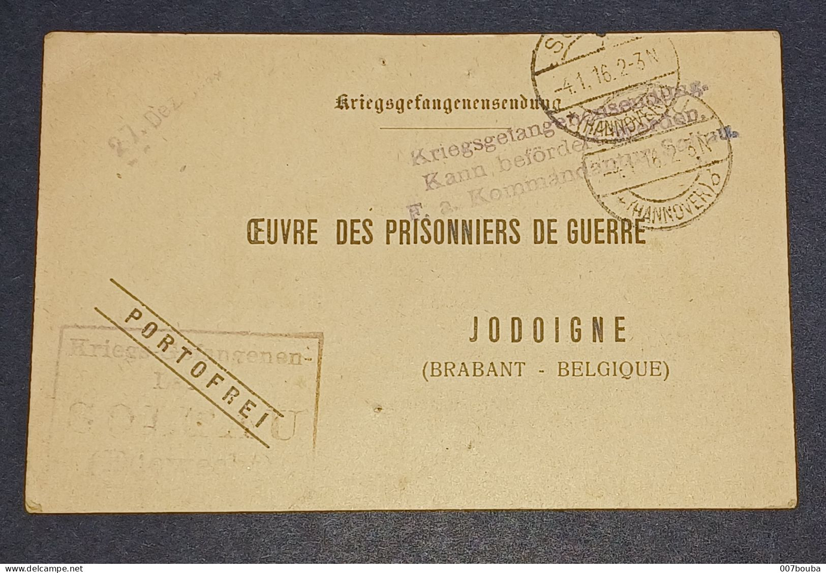 CARTE EN FRANCHISE DU CAMP DE  SOLTAU VERS JODOIGNE "OEUVRE DES PRISONNIERS DE GUERRE " - Prisoners