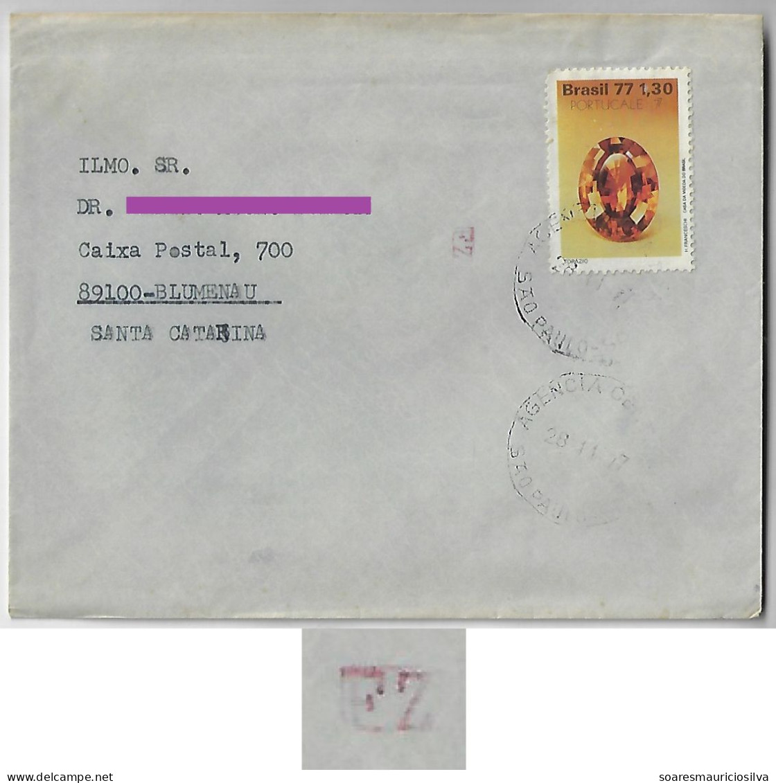 Brazil 1977 Cover Sent From São Paulo To Blumenau Stamp Precious Stones Topaz Electronic Sorting Brand Transorma - Lettres & Documents