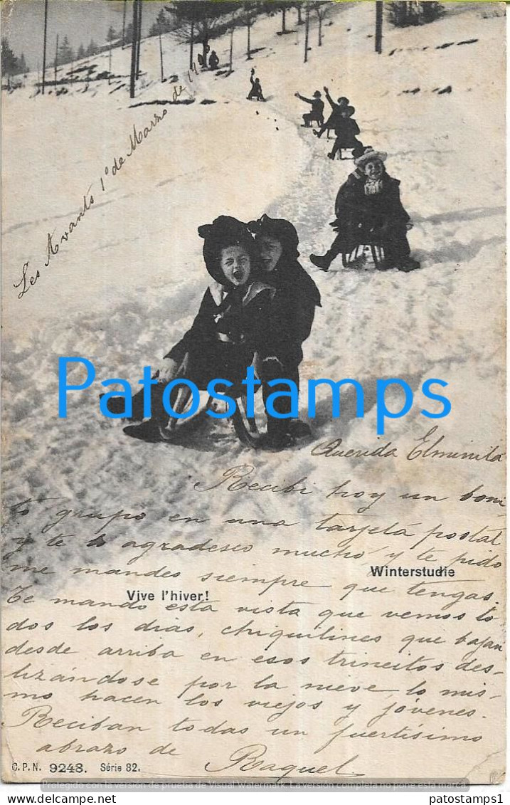 215105 SWITZERLAND COSTUMES WINTER SPORT CHILDREN IN SLED CIRCULATED TO ARGENTINA POSTCARD - Port