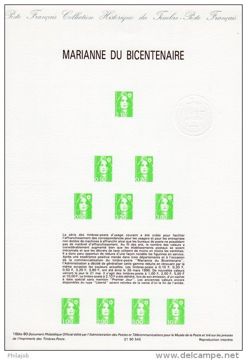 Faciale 27.9 Frs = 4.25 € " MARIANNE DU BICENTENAIRE " Sur Document Philatélique Officiel De 1990 N°YT 2617 à 2626 DPO - 1989-1996 Marianne Du Bicentenaire