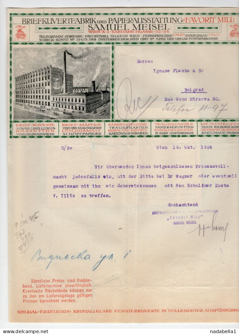 1924. AUSTRIA,VIENNA TO BELGRADE,SAMUEL MEISEL,PAPER AND PAPER FOR POSTAL COVERS,INVOICE ON LETTERHEAD - Österreich