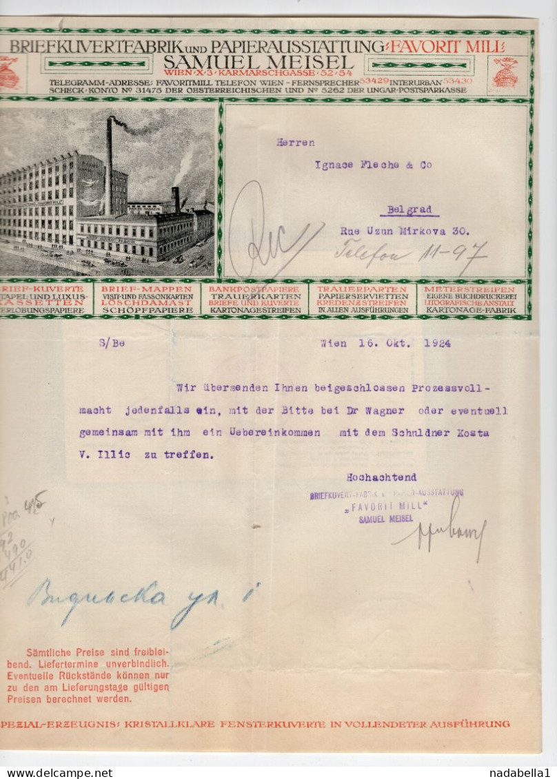 1924. AUSTRIA,VIENNA TO BELGRADE,SAMUEL MEISEL,PAPER AND PAPER FOR POSTAL COVERS,INVOICE ON LETTERHEAD - Österreich