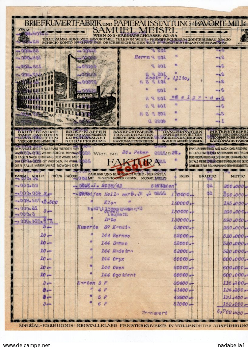 1924. AUSTRIA,VIENNA TO BELGRADE,SAMUEL MEISEL,PAPER AND PAPER FOR POSTAL COVERS,INVOICE ON LETTERHEAD - Österreich