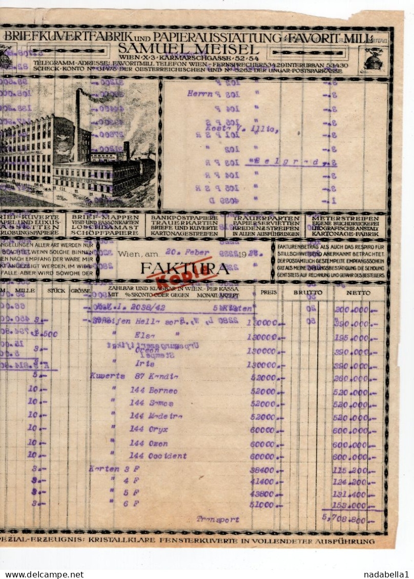 1924. AUSTRIA,VIENNA TO BELGRADE,SAMUEL MEISEL,PAPER AND PAPER FOR POSTAL COVERS,INVOICE ON LETTERHEAD - Österreich