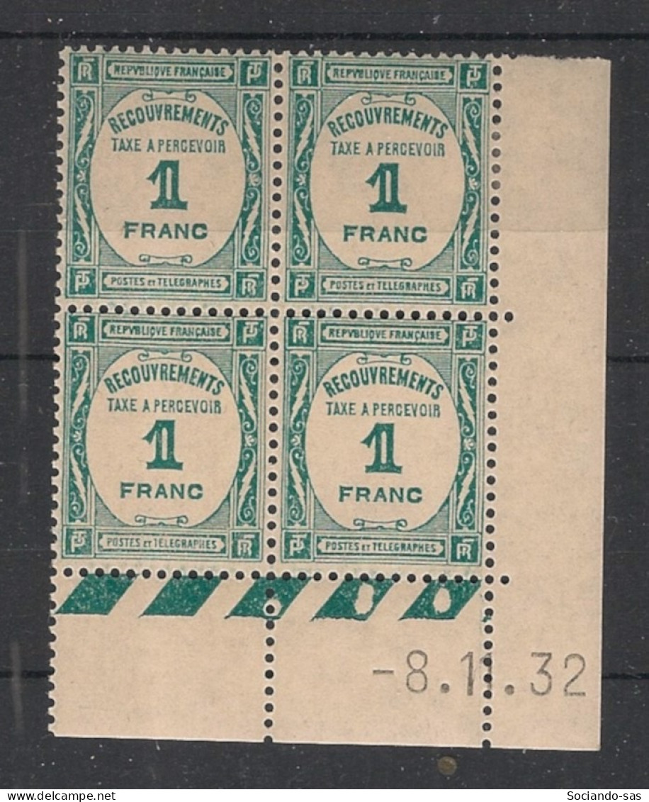 FRANCE - 1932 - Taxe TT N°YT. 60 - Recouvrements 1f Bleu-vert - Bloc De 4 Coin Daté - Neuf**/* - Taxe