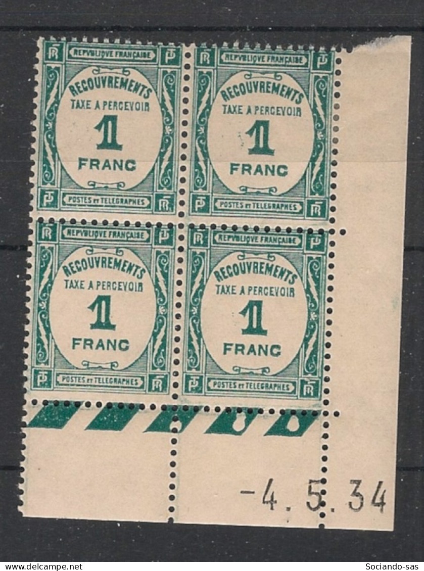 FRANCE - 1934 - Taxe TT N°YT. 60 - Recouvrements 1f Bleu-vert - Bloc De 4 Coin Daté - Neuf**/* - Postage Due