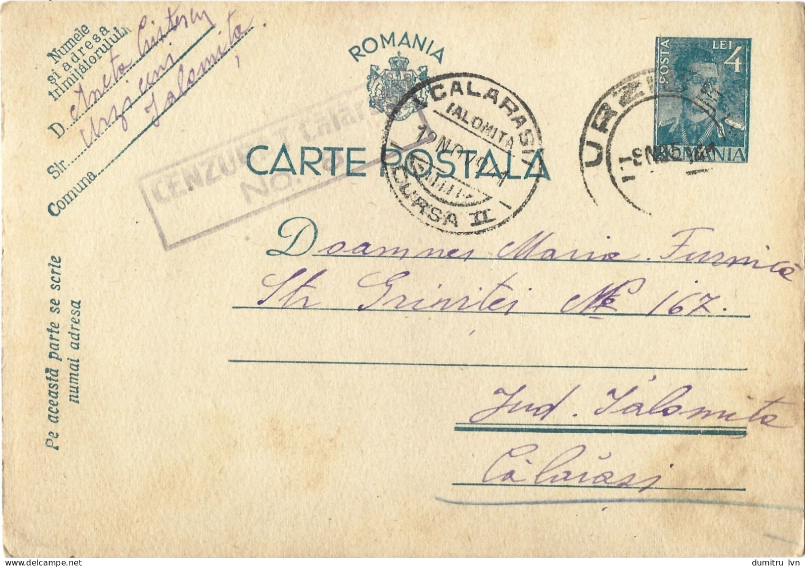 ROMANIA 1941 POSTCARD, CENSORED CALARASI NO.8 POSTCARD STATIONERY - Storia Postale Seconda Guerra Mondiale