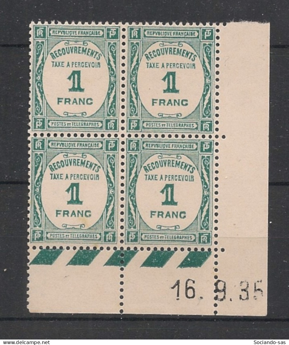 FRANCE - 1935 - Taxe TT N°YT. 60 - Recouvrements 1f Bleu-vert - Bloc De 4 Coin Daté - Neuf Luxe ** / MNH - Strafport