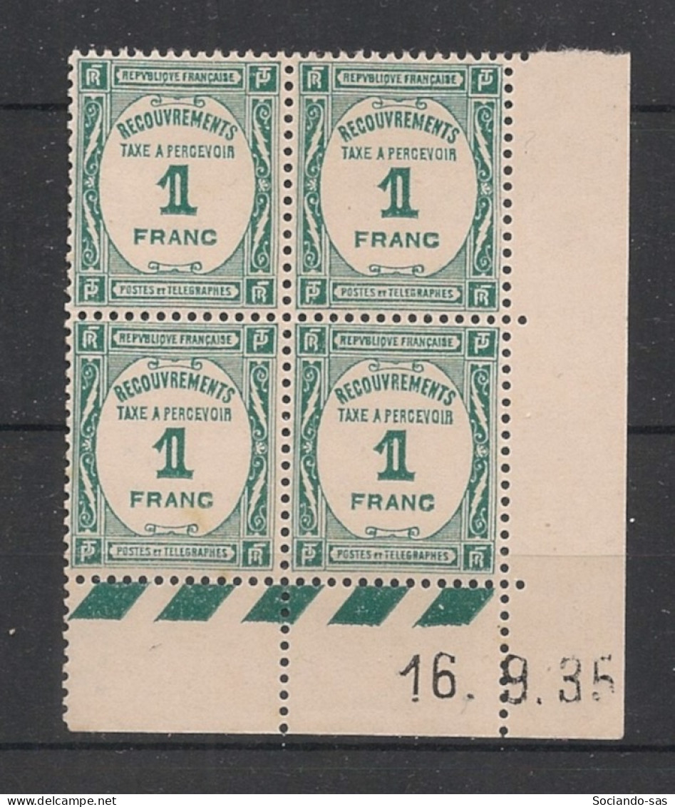 FRANCE - 1935 - Taxe TT N°YT. 60 - Recouvrements 1f Bleu-vert - Bloc De 4 Coin Daté - Neuf Luxe ** / MNH - Taxe