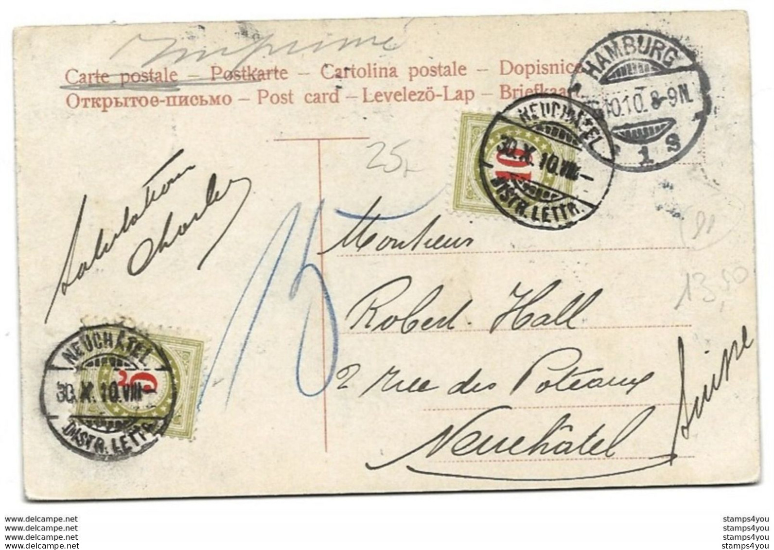 44 - 11 - Carte Envoyée De Hamburg En Suisse 1910 - 2 Timbres Suisses Taxe - Vrijstelling Van Portkosten