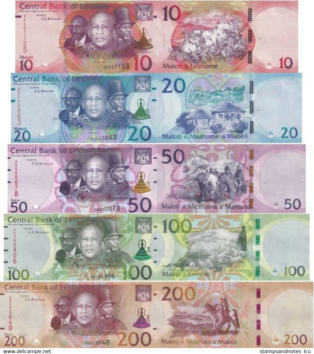 LESOTHO 10 20 50 100 200 Maloti 2021 P 21 22 23 24 25 UNC Set Of 5 Banknotes - Lesoto