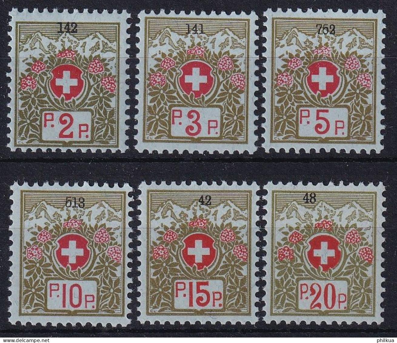 Portofreiheit Zumst. 2A-7A / MiNr. 2I-7I  - Schweizer Wappen Und Alpenrosen Mit Nummer - Postfrisch/**/MNH - Portofreiheit
