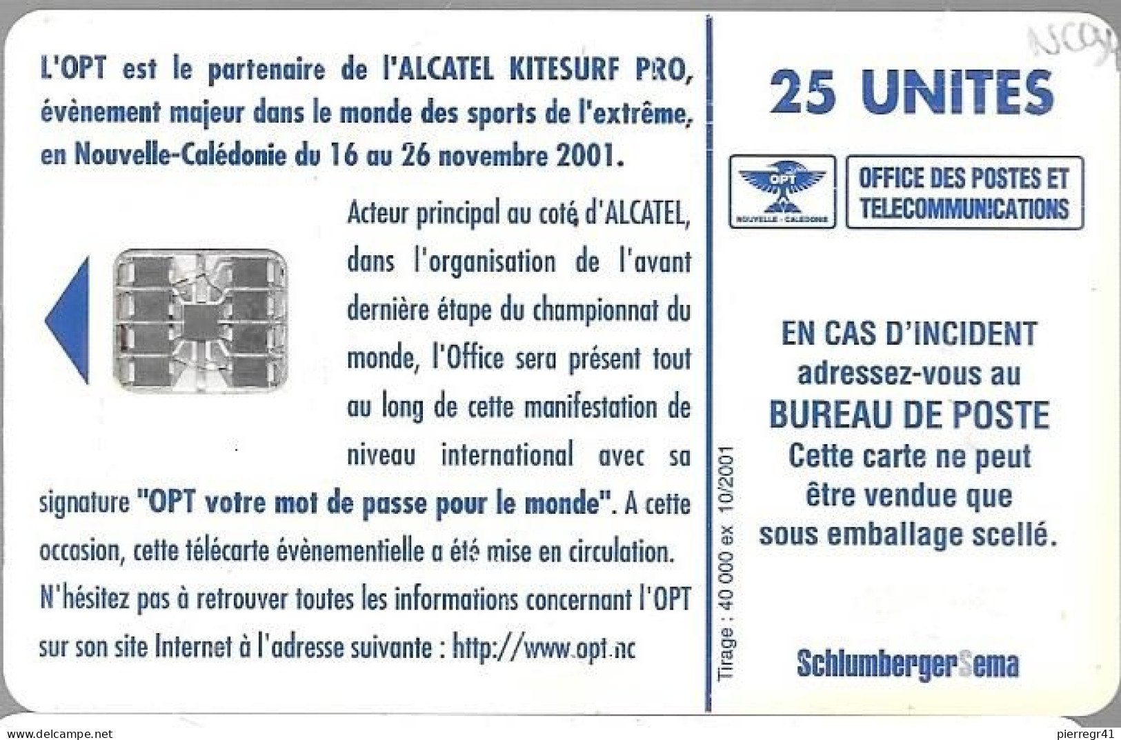 CARTE-PUCE-NOUVELLE CALEDONIE-NC94-25U-10/2001-SC7-ALCATEL-KITSURF-UTILISE-TBE - Neukaledonien