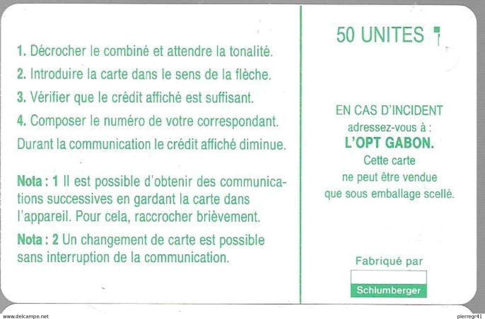 CARTE-PUCE-GABON-50U-SC5- CARTE-VERT -PLAN NUMEROTAGE-V° AVEC TGN° C40100973-Utilisé-TBE - Gabun