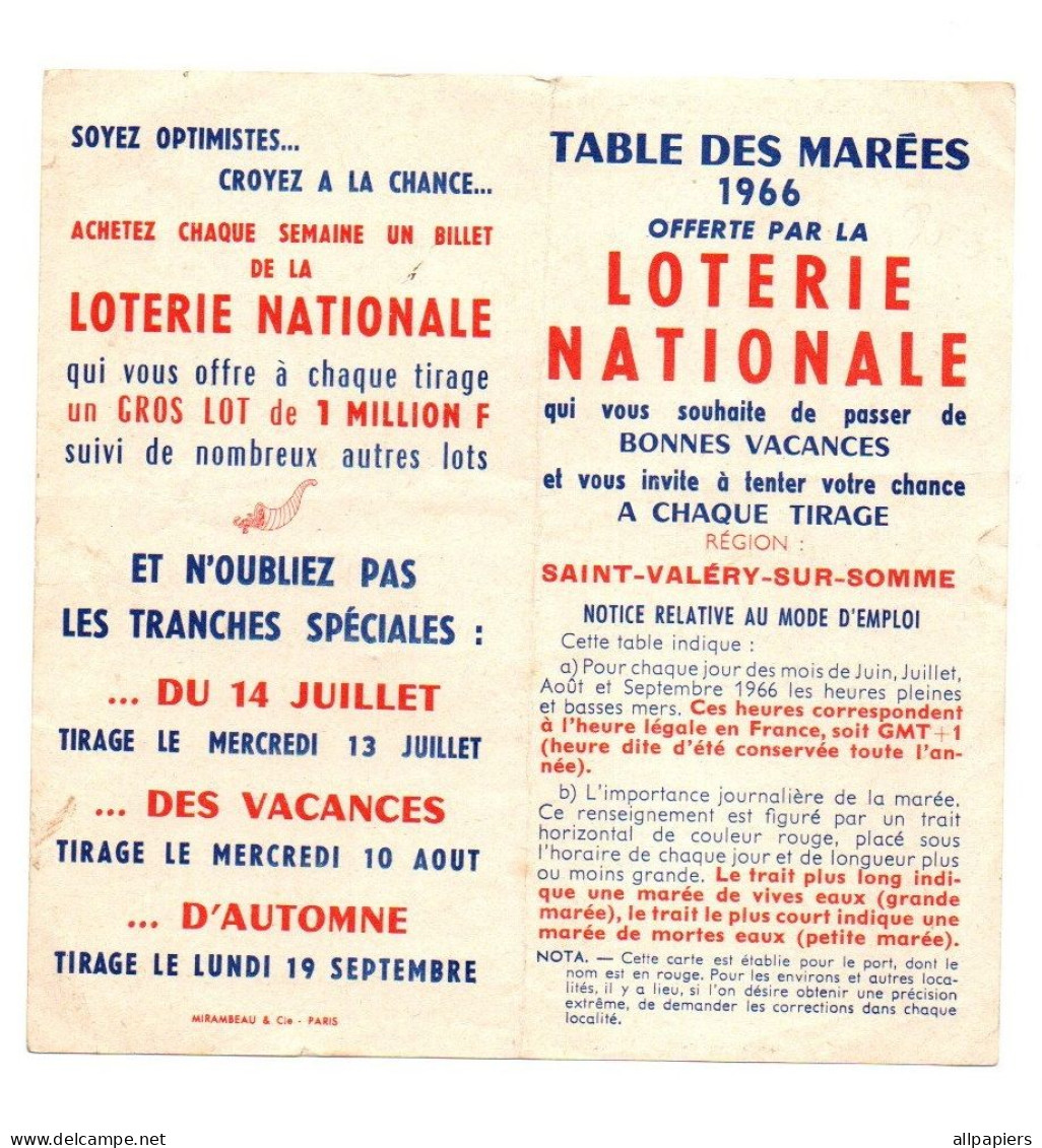 Table Des Marées 1966 Offerte Par La Loterie Nationale Région Saint-Valéry-Sur-Somme - Format : 14.5x14.5 Cm - 1950 - ...