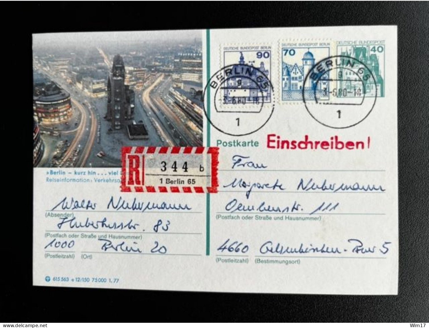 GERMANY 1980 REGISTERED POSTCARD BERLIN TO GELSENKIRCHEN 03-06-1980 DUITSLAND DEUTSCHLAND EINSCHREIBEN - Postkarten - Gebraucht