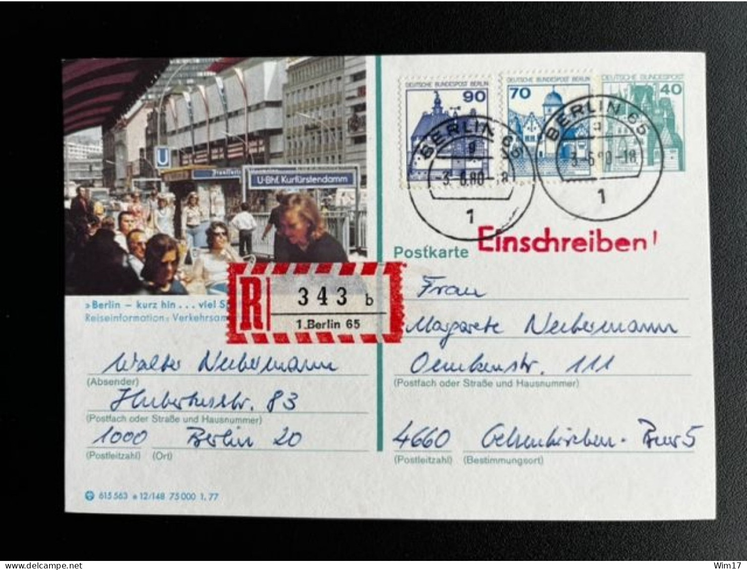 GERMANY 1980 REGISTERED POSTCARD BERLIN TO GELSENKIRCHEN 03-06-1980 DUITSLAND DEUTSCHLAND EINSCHREIBEN - Postcards - Used