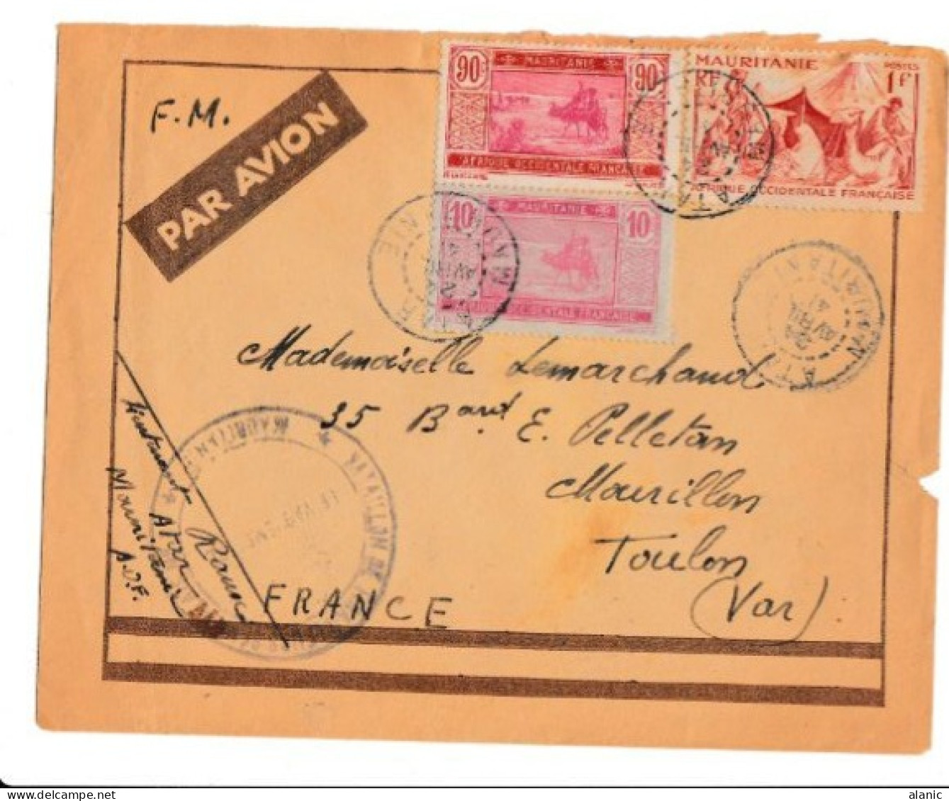 MAURITANIE - ATAR - LETTRE FM POUR LA FRANCE LE 13-3-1941 - CACHET BATAILLON DE TIRAILLEUR SENEGALAIS - LIEUTENANT ROUX. - Storia Postale