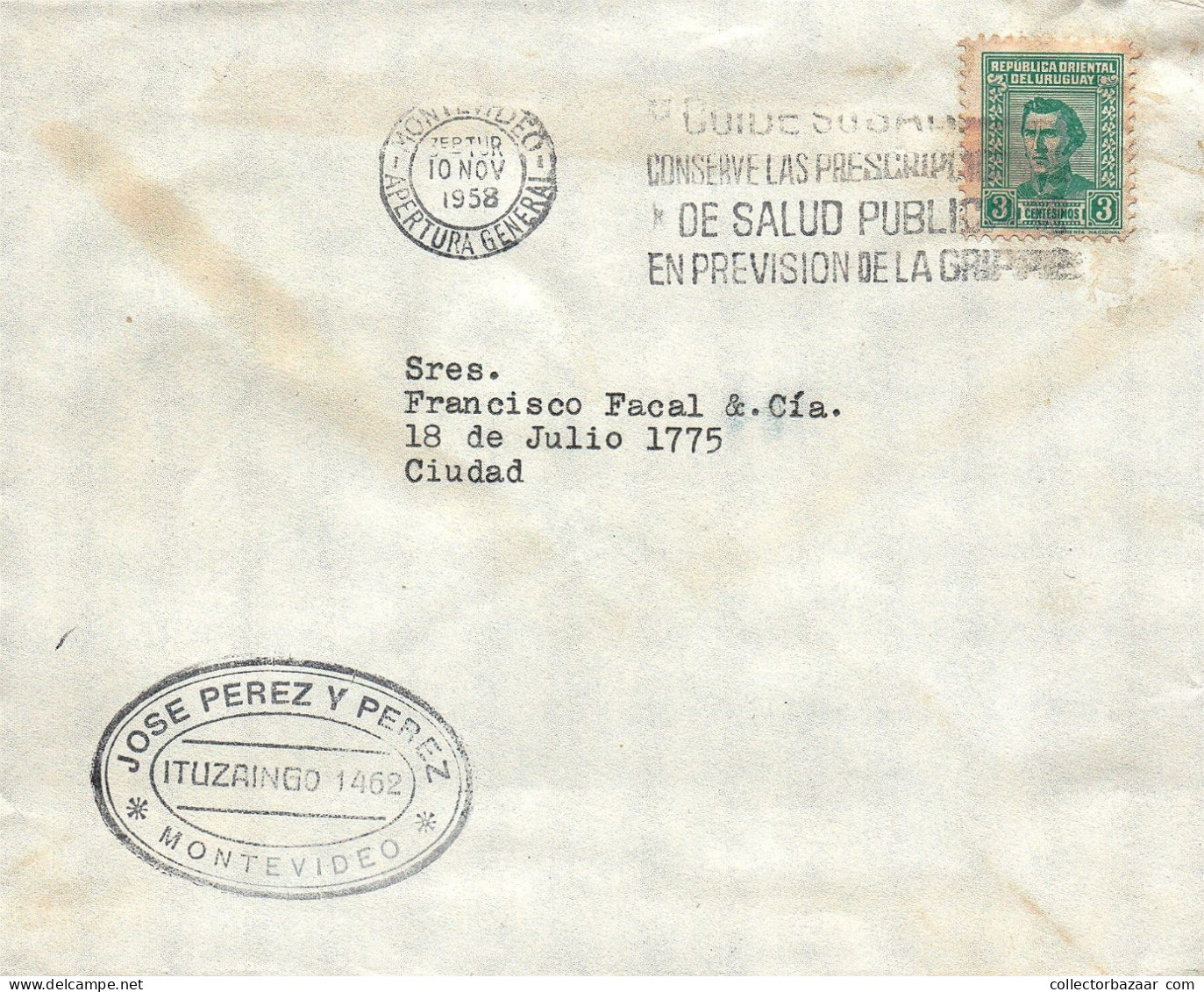 1958 TAKE CARE OF YOUR HEALTH KEEP PUBLIC HEALTH PRESCRIPTIONS IN PREVENTION OF THE FLU Uruguay Cover POSTMARK - Médecine