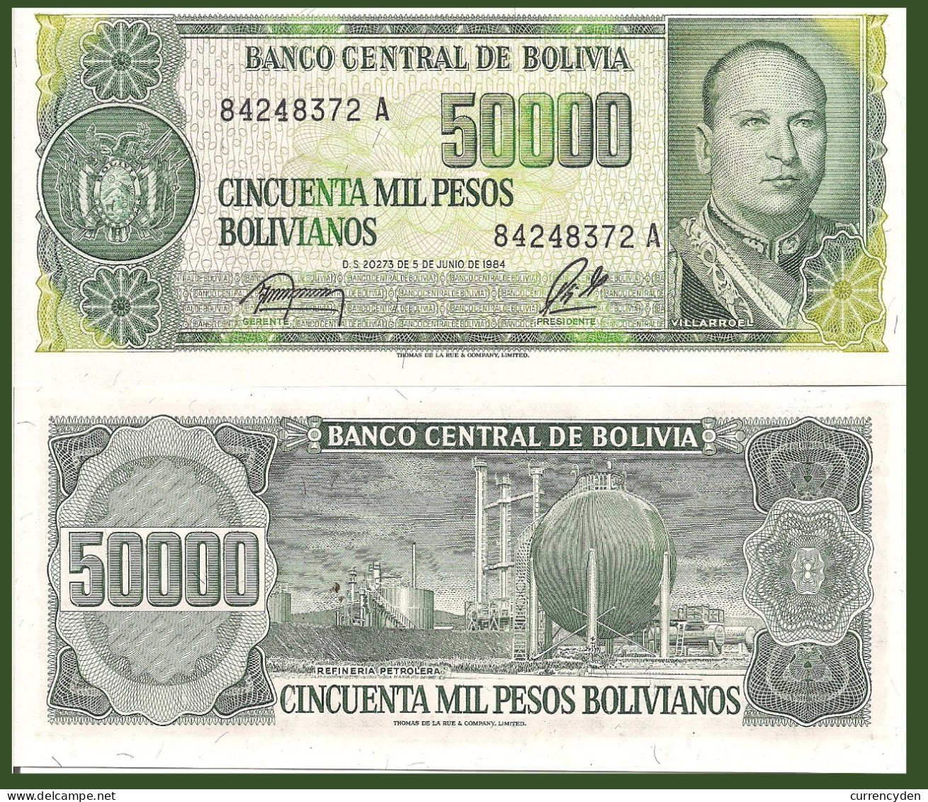 Bolivia P170a, 50,000 Bolivianos, Mayor Gualberto Villaroel / Refinery UNC 1984 - Bolivien