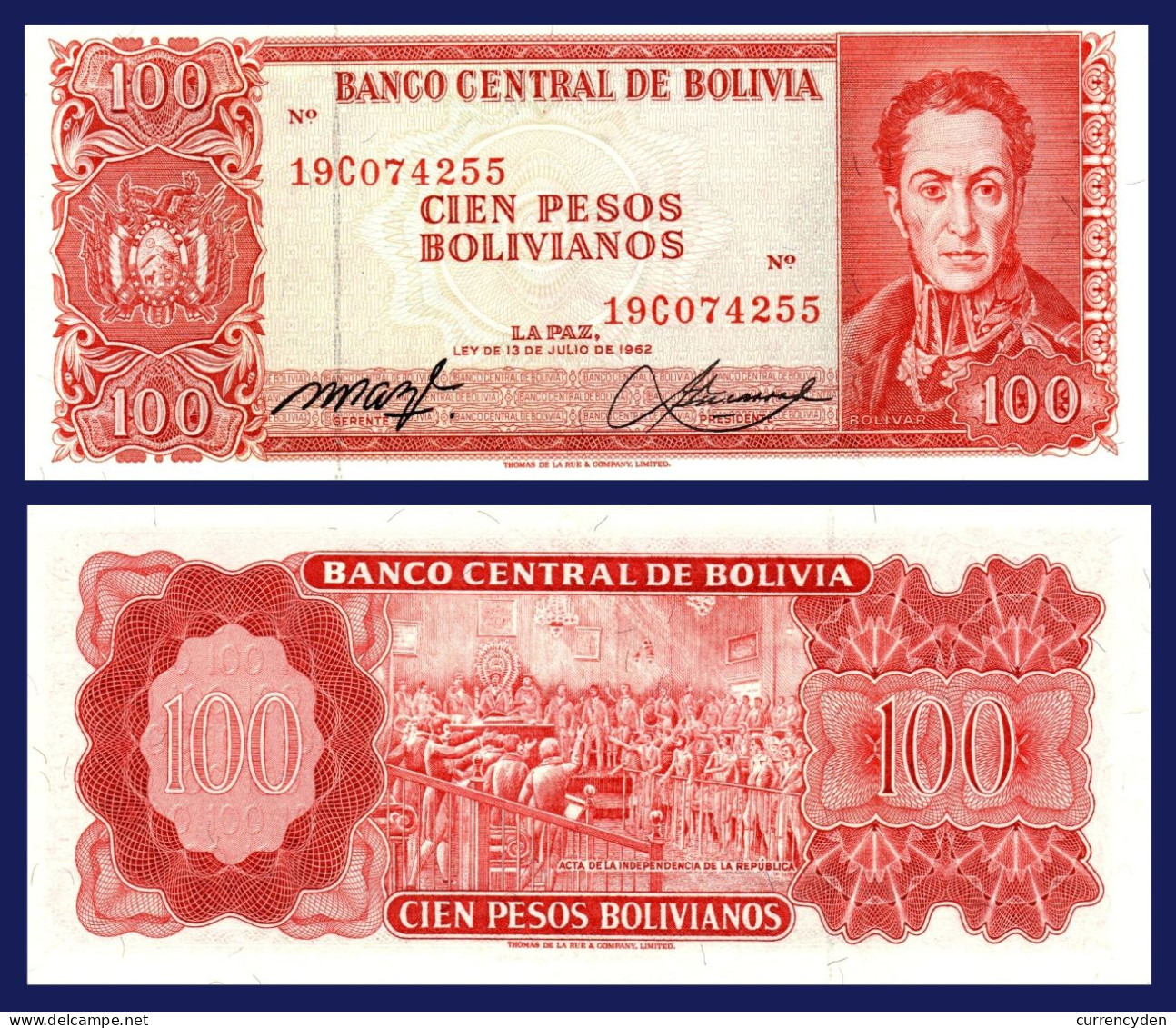 Bolivia P163b, 100 Bolivianos, Simón Bolívar / Declaration Of Indep UNC 1965 - Bolivie