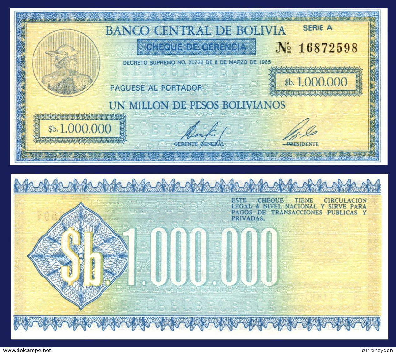 Bolivia P190, 1 Million Peso Bolivianos, 1985 Emergency Issue - Bolivie