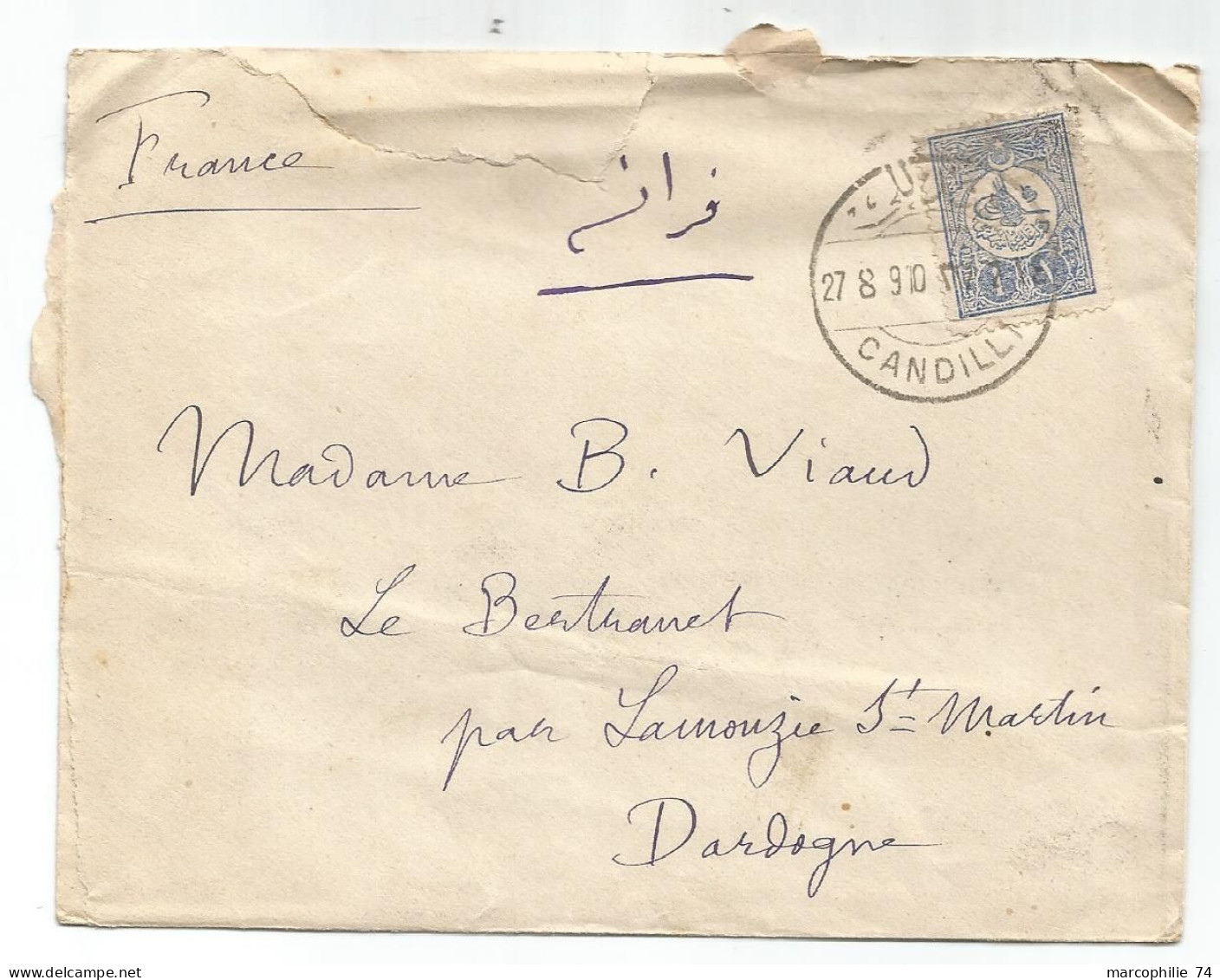 TURKEY TURQUIE 1 PARAS LETTRE COVER CANDILLY 1910 TO FRANCE - 1837-1914 Esmirna